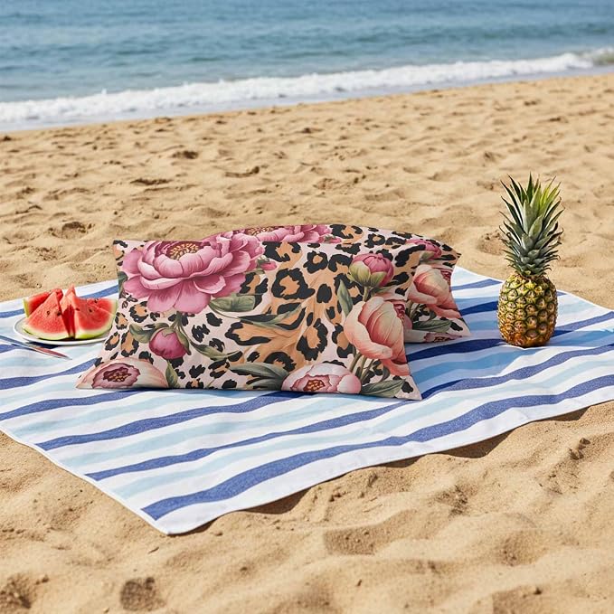 Vandarllin Outdoor Throw Pillows Covers 20x12 inch Set of 2 Waterproof Leopard Print Decorative Zippered Cushion Covers for Patio Furniture, Pink Floral Retro Animal Skin Lumbar Pillowcases