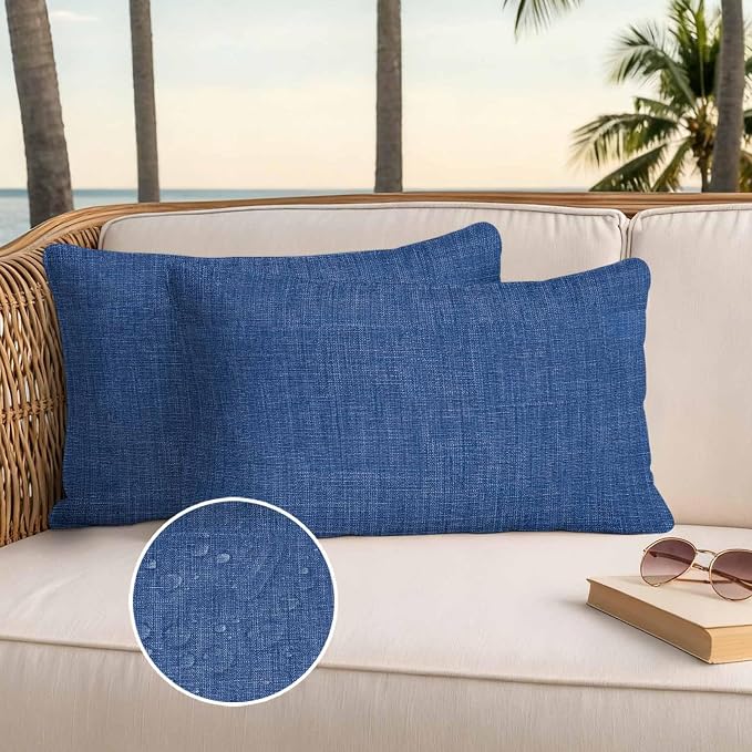 Pack of 2 Waterproof Outdoor Pillow Covers 20x12 Inch Decorative Pillow Covers Navy Blue Throw Pillowcases Vintage Country Monochrome Farmhouse Outdoor Cushion Cover for Couch, Patio, Tent