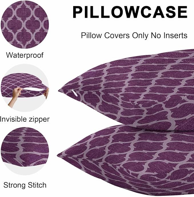 Dark Purple Moroccan Outdoor Pillow Covers 24x24 Inch Throw Pillow Covers Set of 2 Waterproof Decorative Pillow Cases Country Abstract Quatrefoil Lattice Cushion Covers for Patio Furniture Garden