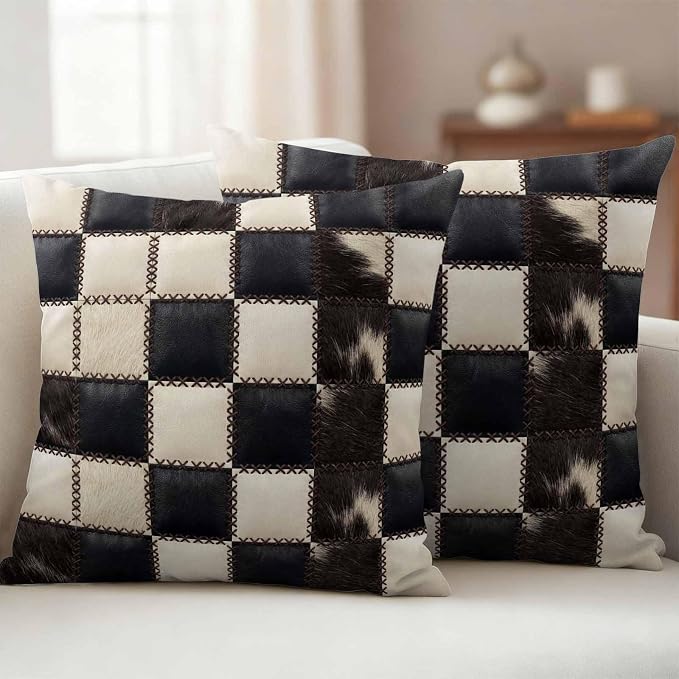 Beige Black Animal Printed Outdoor Pillow Covers 16x16 Inch Throw Pillow Covers Set of 2 Waterproof Decorative Pillow Cases Modern Fur Checkered Cushion Covers for Patio Furniture Garden Couch Sofa