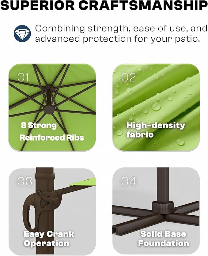 11 FT Round Cantilever Umbrella,Easy Tilt, Fade Resistant & 360° Rotation, Offset for Pool Deck Backyard Patioapple green (Base not Included)