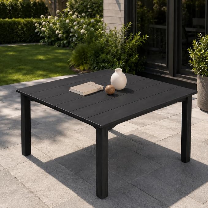 HDPE Outdoor Dining Set for 4, Square Table & Chairs Set | • All-Weather Polywood Composite • 410 lbs Heavy-Duty Support • Built-In 2" Umbrella Hole • Easy Soap-Water Wash