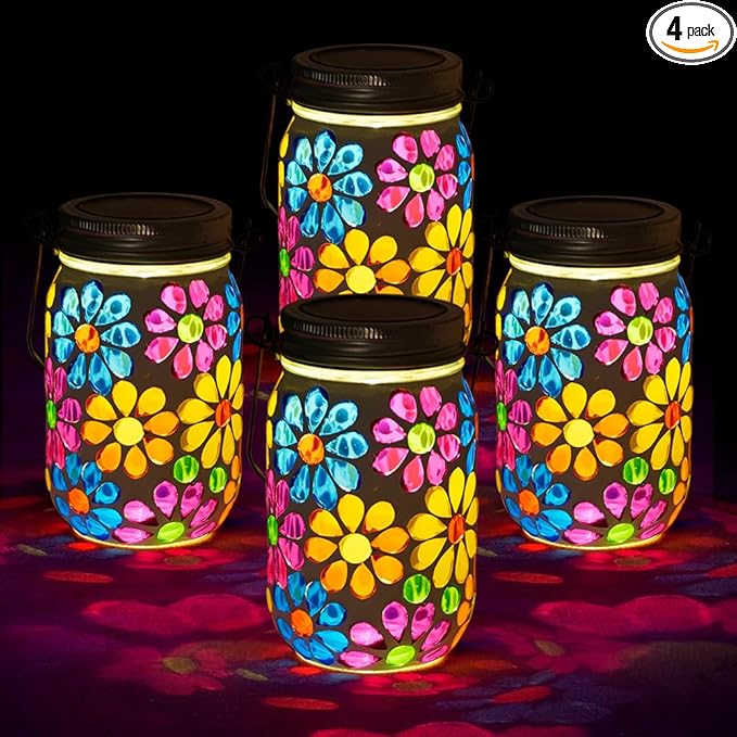 Stargarden 4Pack Mosaic Solar Lantern ,Mosaic Lights ,Outdoor Hanging Jar Lights ,Waterproof Solar Lamps for Tree, Garden, Patio, Yard, Outdoor(Flower)
