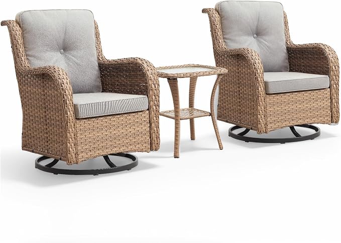 Outdoor Swivel Rocker Patio Chairs-Wicker Patio Swivel Chairs Set of 2 with Side Table PE Rattan Patio Furniture Set for Porch Deck Balcony Garden-Yellow/Beige