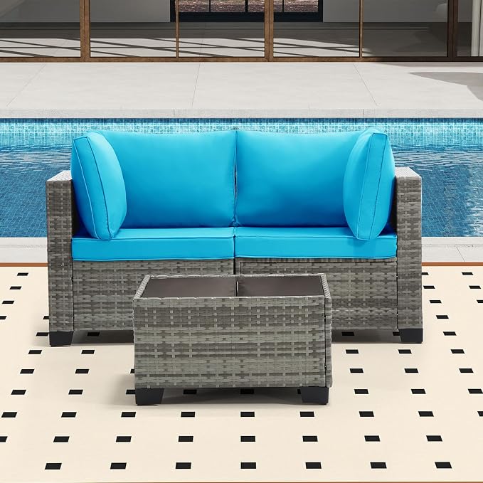 Bonzy Home 3 Pieces Outdoor Patio Furniture Set, PE Rattan Outdoor Sectional Furniture Sofa Set with Removable Cover and Glass Coffee Table, Patio Sofa for Balcony, Porch, Garden, (Grey-Turk Blue)