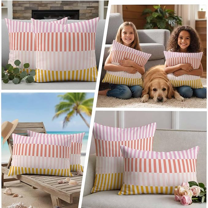 Colorful Stripe Waterproof Outdoor Pillow Covers Set of 2 Home Decor, Modern Pink Red Yellow Vertical Striped Pillowcase Patio Pillow Covers for Couch Bench Furniture Garden 24x24in