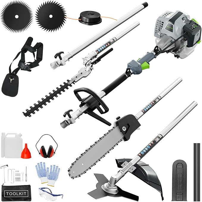 6-in-1 Multi-Functional Gas Powered Weed Wacker, 52CC 2-Stroke Gas Weed Eater String Trimmer, Hedge Trimmer, Pole Saw, Brush Cutter Blade, Safety Lock & Shoulder Strap for Garden, Yard