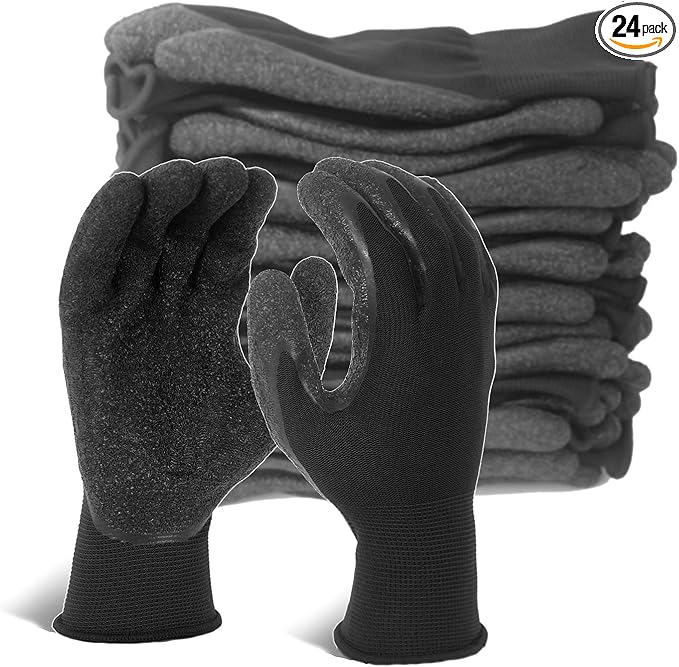Evridwear Crinkle Latex Rubber Coated Safety Work Gloves for Men Women | 12-Pair Bulk Pack,Non-slip,General Multi Use for Gardening Construction Warehouse Assembly Landscaping (Black,Small)