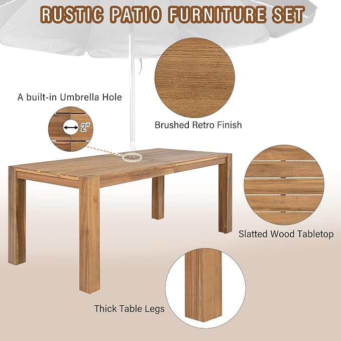 Patio Table and Chairs Set with Umbrella Hole, 7 Piece Outdoor Patio Furniture Set Wood Frame with Removable Cushion for Garden, Backyard, Lawn, and Poolside,Light Teak