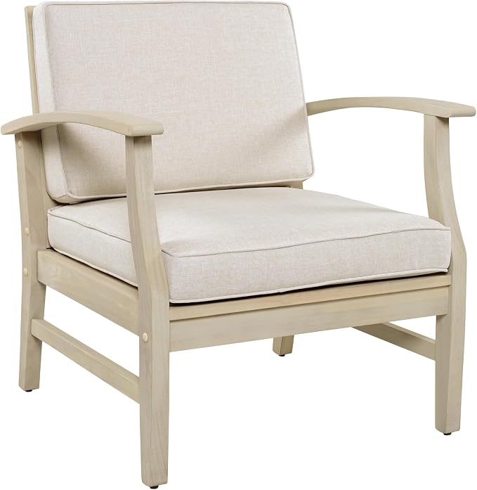 Christopher Knight Home Perla Set of 2 Acacia Wood Club Chair and Coffee Table, 3 Piece Patio Bistro Set, Solid Wood Outdoor Patio Furniture Set with Center Table, Light White+Sand