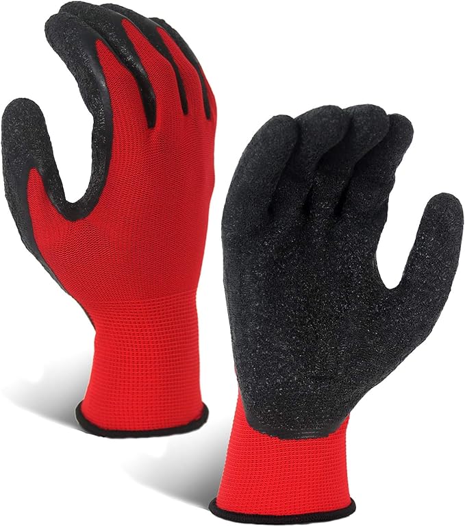 Evridwear Crinkle Latex Rubber Coated Safety Work Gloves for Men Women | 12-Pair Bulk Pack,Non-slip,General Multi Use for Gardening Construction Warehouse Assembly Landscaping (Red,XX-Large)