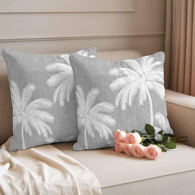 Outdoor Pillow Covers 20x20 Inch Set of 2, Grey Palm Trees Waterproof Throw Pillow Covers, Farmhouse Tropical Summer Beach Decorative Cushion Pillowcases for Couch, Sofa, Bed, Garden, Patio