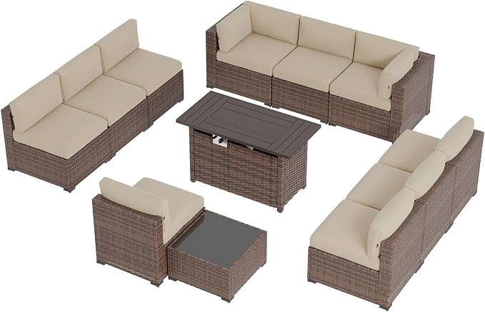 Aoxun Patio Furniture Sets, 12-Piece Outdoor Patio Furniture with 44'' Propane Gas Firepit Table, Wicker Outdoor Conversation Set Sectional Sofa for Backyard, Poolside, Garden