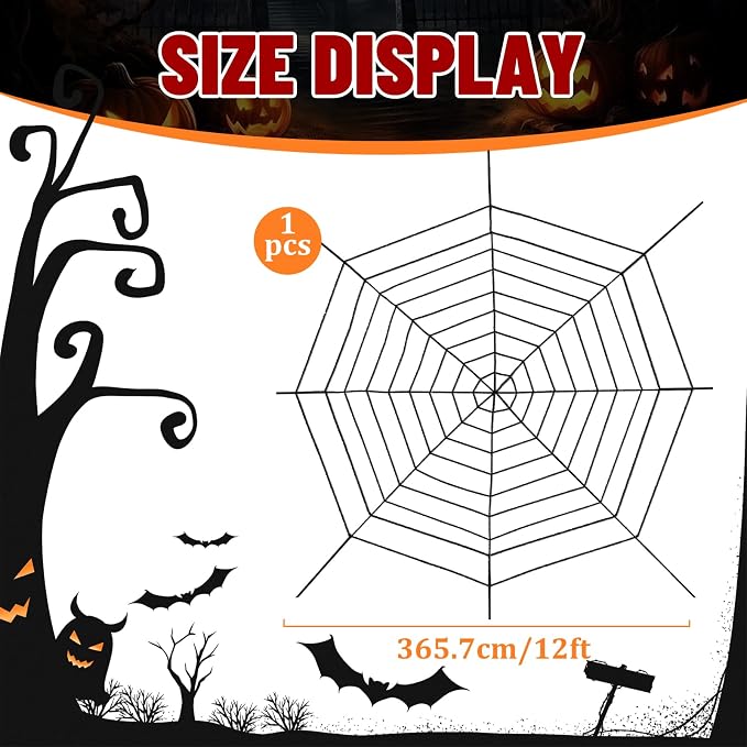 12 FT 9-Ring Spider Web Halloween Decorations, Giant Rope Fake Spider Web for Scary Haunted House, Outdoor Yard, Porch, Wall, and Spooky Trick-or-Treat Hanging Party Decor (Black)