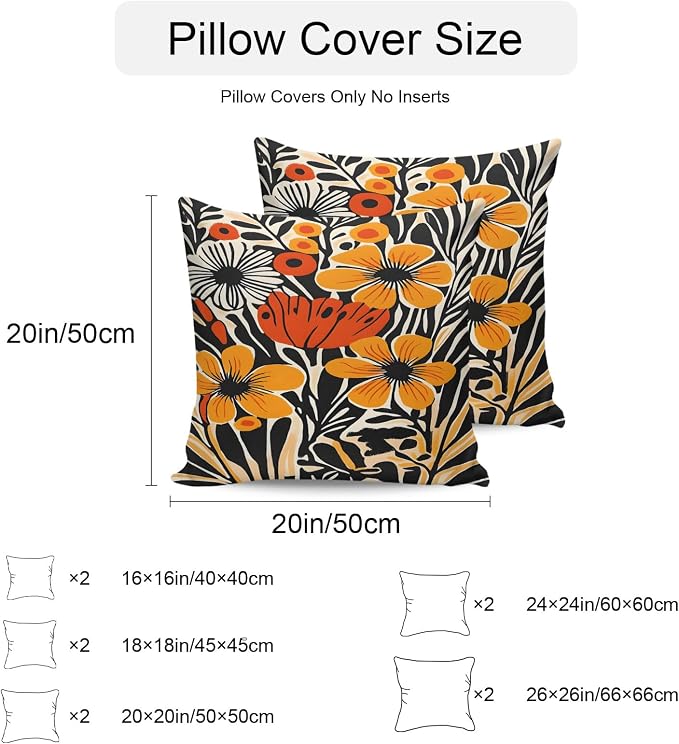 Orange Yellow Black Botanical Outdoor Pillow Covers 16x16 Inch Throw Pillow Covers Set of 2 Waterproof Decorative Pillow Cases Modernism Spring Floral Cushion Covers for Patio Furniture Garden Couch