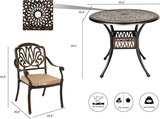 Grepatio 5 Piece Outdoor Dining Set Cast Aluminum Patio Dining Set Table and Chairs Outside Furniture 4 Chairs and 1 Umbrella Hole Table for Lawn Garden Patio (Khaki)