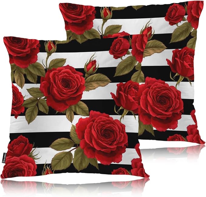 Swono 18"X18" Throw Pillow Covers Rose, Bloom Red Peony Rose Flowers Boho Pillowcase Cushion Covers for Couch Bed, Square Decorative Pillow Cover Home Sofa Bedroom Car, 2 Pcs