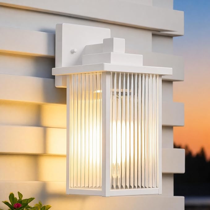 13" White Outdoor Wall Light, All-Metal Frame Porch Light | Textured Glass Softens Glare, Stays Bright. Anti-Yellowing White Metal. Pre-Assembled DIY Install. For Porch, Garage & Entry