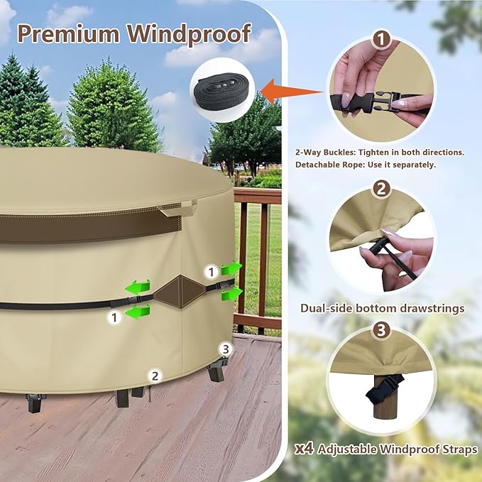 RICHIE Outdoor Patio Furniture Cover - Heavy Duty Waterproof 600D Tough Canvas Protector for Round Table Cover, All-Season Dining Table and Chair Covers (96"DIAx28"H)