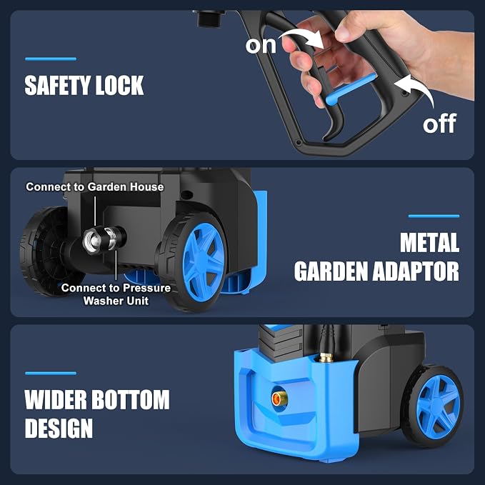 Adjustable 𝐏𝐫𝐞𝐬𝐬𝐮𝐫𝐞 𝐖𝐚𝐬𝐡𝐞𝐫 𝟓𝟎𝟎𝟎𝐏𝐒𝐈 with 33FT Pipe, 4 Nozzles, 500ml Soap Bottle, Best for Cars, Patios, Fency, Garden Cleaning, Deep Blue