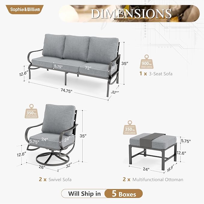 Sophia & William Patio Furniture Sets for 5 Outdoor Metal Conversation Sets 5 Pcs with 2 x Cushioned Swivel Sofa Chairs, 2 x Ottomans as Coffee Table, 1 x 3-Seat Sofa, Lawn Backyard Poolside Grey