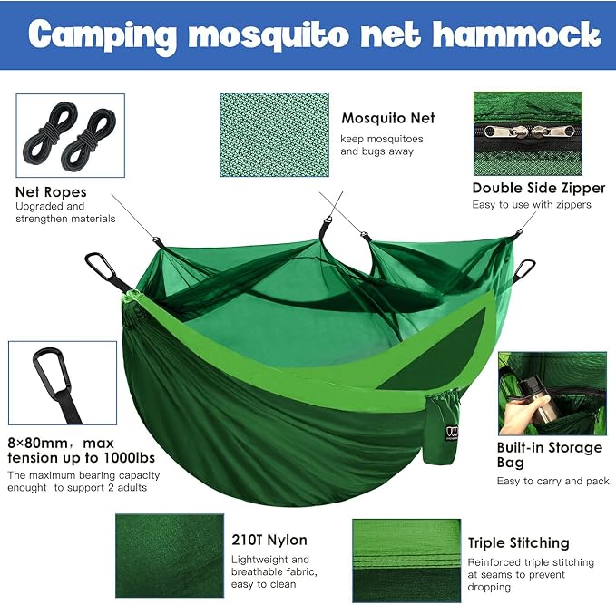 Gold Armour Camping Hammock - Camping Essentials, Double Hammock with Bug Net, Camping Gear Portable Hammock for Outside, Hiking, and Travel (Green & Lime Green)