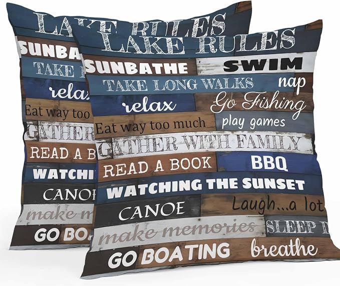 Vandarllin Outdoor Throw Pillows Covers 16x16 inch Set of 2 Waterproof Lake Rules on Wood Grain Decorative Zippered Cushion Covers for Patio Furniture, Rustic Text Wooden Lumbar Pillowcases