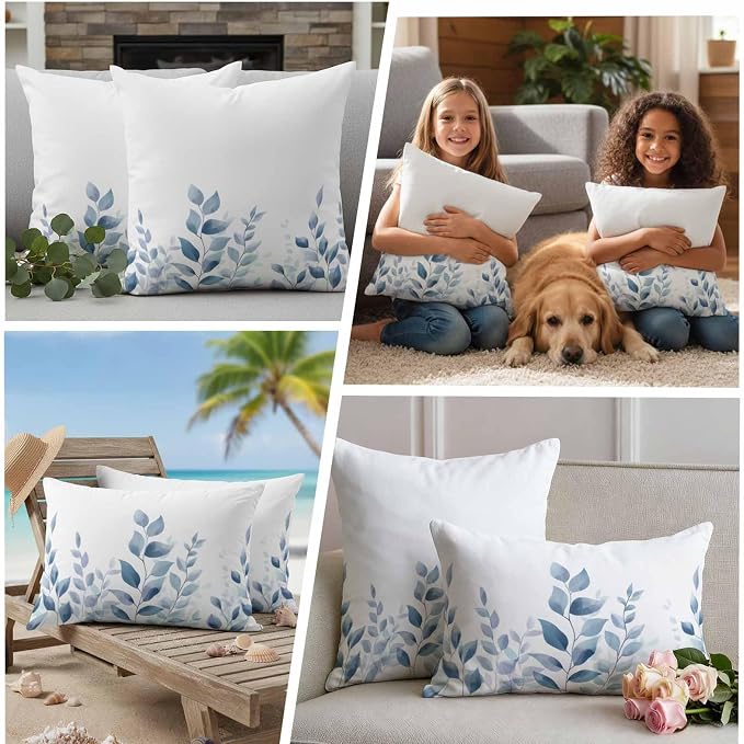 Blue Botanical Outdoor Waterproof Throw Pillow Covers 24x24 Set of 2, Pastoral Leaf Watercolor Decorative Pillowcases Cushion Pillowcase for Couch Sofa Patio Outside Pillow Protector