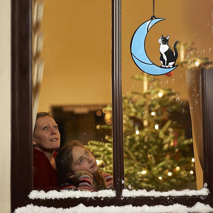 Black and White Cat Gift,Tuxedo Cat Stained Glass Art Suncatcher | Cat memorial gift and home decor for cat lovers, family, or friends; hangs in windows, patios, or gardens to honor memories