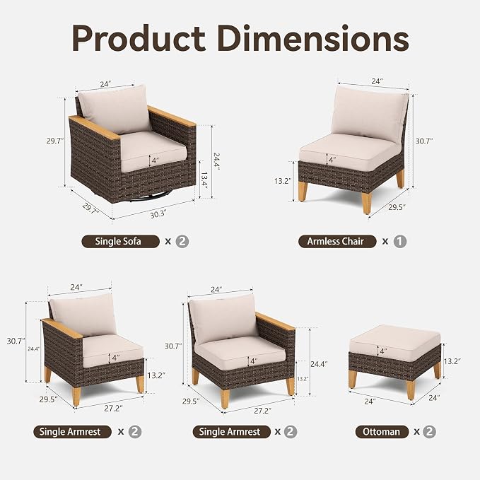 GREEN PARTY 9 Pieces Wicker Patio Furniture Set, All-Weather Outdoor Rattan Patio Sectional Sofa Conversation Set 9 Seats with 4" Thick Cushions for Garden, Backyard, 2 x Swivel Chairs