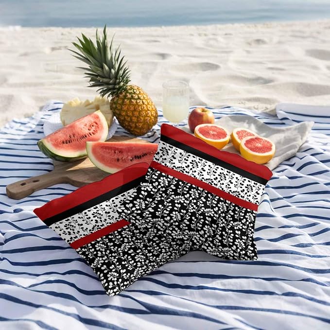Black Red Outdoor Pillow Covers 24x24 Inch Throw Pillow Covers Set of 2 Waterproof Decorative Pillow Cases Garden Floral Stripe Aesthetic Flower Boho Cushion Covers for Patio Furniture Garden Couch