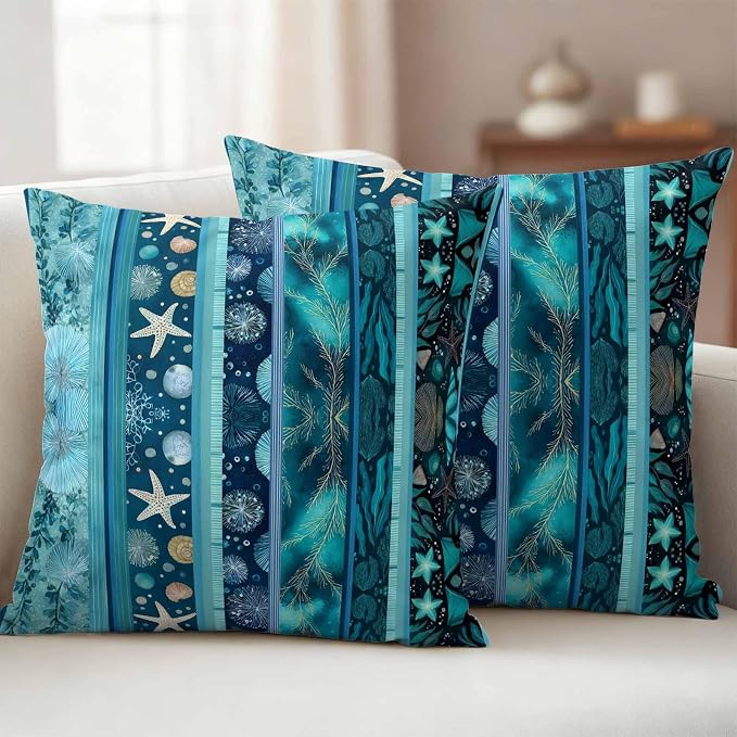 Turquoise Ocean Outdoor Waterproof Throw Pillow Covers Set of 2, 18"x18", Blue Stripes Starfish Coral Seaweed Luxury Decorative Pillow Covers Outside Cushion Case for Patio Porch Garden