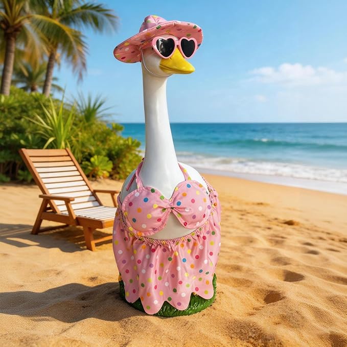 Porch Goose Statue with Outfits - 20" Large Porch Goose Statues Wear Pink Summer Bikini, Resin Animal Sculpture, Indoor or Outdoor Decor Figurine for Garden,Lawn,Pool,Entryway Accent,Housewarming Gift