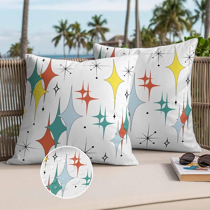 Middle Century Waterproof Outdoor Pillow Covers Set of 2 Home Decor, Boho Abstract Art Teal Orange Rhomboid Pillowcase Patio Pillow Covers for Couch Bench Furniture Garden 16x16in