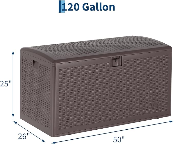 Jojoka 120 Gallon Lockable Outdoor Storage Box - Waterproof UV-Resistant Resin Deck Bench with Gas Spring Lid - For Patio Furniture Cushions, Garden Tools, Pool Accessories - Brown, Gas Spring