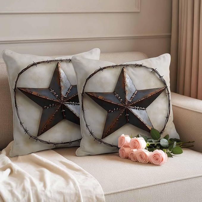 Farmhouse Vintage Waterproof Outdoor Pillow Covers Set of 2 Home Decor, Country Western Texas Star Aesthetic Pillowcase Patio Pillow Covers for Couch Bench Furniture Garden 16x16in