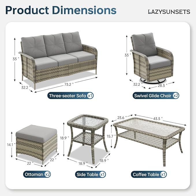 LazySunsets Luxury 9-Piece Patio Furniture Set, 360° Swivel Chairs, Wicker Rattan Sofa with Thick Cushion, Outdoor Conversation Set for Backyard, Poolside & Garden, Beige/Gray