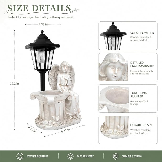 Solar Angel Outdoor Garden Statues with Lantern & Flower Pot | Resin Angel Figurines for Yard Lawn Porch Patio Balcony Decor- Gifts for Women Mom Grandma