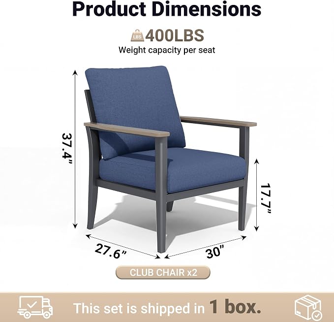 Aluminum Patio Chairs Set of 2, Modern Outdoor Armchairs with Wood-Like Armrests & 5.1" Thick Cushions, Wide Seat Balcony Furniture for Porch, Deck, Navy Blue