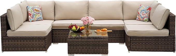 7-Piece Outdoor Patio Furniture Set - PE Wicker Sectional Sofa Set,with (Beige) Cushions and Glass-Top Coffee Table, Perfect for Gardens, Poolside, Backyard, Beige/Brown