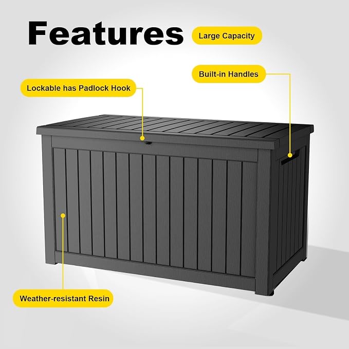 Vixzen 280 Gallon Large Outdoor Storage Box Waterproof, UV Resistant Resin Deck Box with Hydraulic Rod & Lockable Latch for Patio Furniture, Outside Storage Box for Garden Tools, Patio Cushions, Black