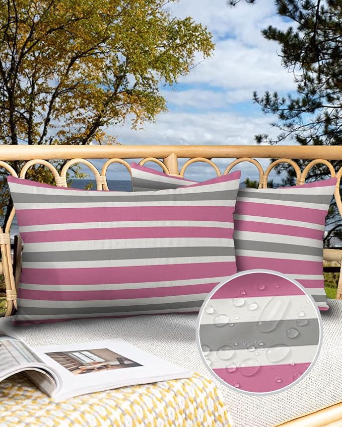 Outdoor Waterproof Pillow Covers for Patio Furniture Pink Grey and White Stripes Decorative Throw Pillow Cover Farmhouse Stripe Pillowcases Set of 2 Cushion Case for Sofa Couch Chair 20 x 12 In