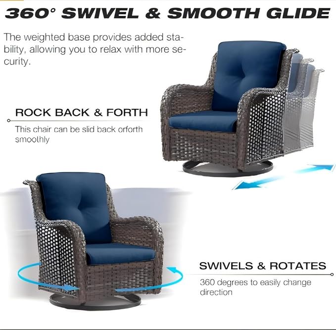 KEIKI Outdoor Swivel Rocker Wicker Chairs Set of 2, 3 Pieces All Weather Rattan Bistro Set Small Conversation Set with 2 Swivel Rocking Chairs and Side Table for Porch Deck Garden Backyard