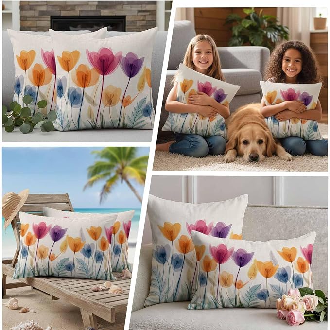 Spring Outdoor Waterproof Throw Pillow Covers Set of 2, 20"x20", Floral Cartoon Multicolor Tulips Leaf Retro Decorative Pillow Covers Outside Cushion Case for Patio Porch Garden