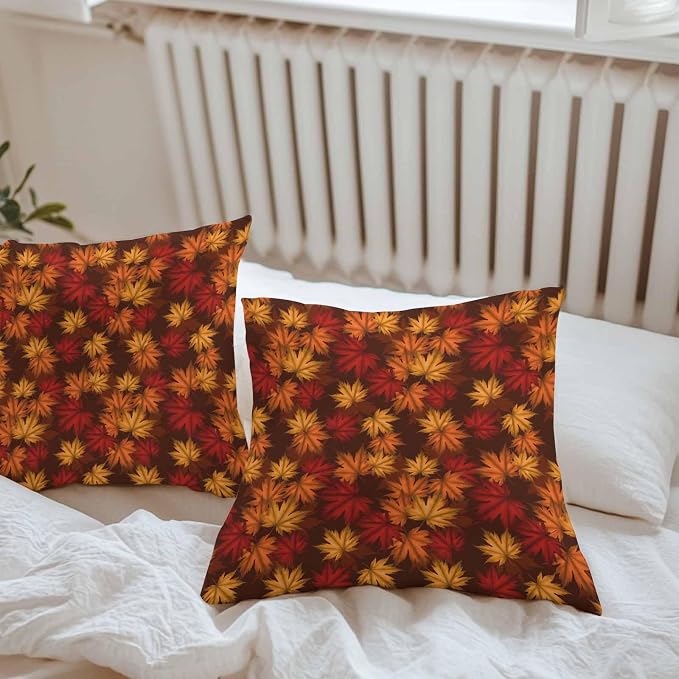 Brown Thanksgiving Outdoor Waterproof Pillow Covers, Fall Maple Leaves Farmhouse Vintage Decorative Square Throw Pillowcase Sofa Cushion Sham for Patio/Couch/Chair, 16"x16" 2 Pack