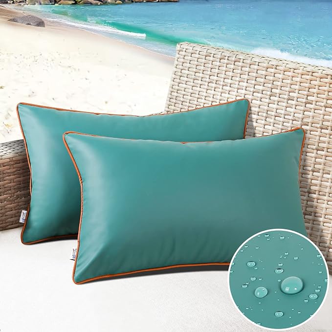 Silicone Waterproof Lumbar Pillow Covers 12x20 Inch for Summer Outdoor Fadeproof Rectangle Decorative Pillowcase for Garden Patio Tent Balcony Bench Sofa, Dark Green