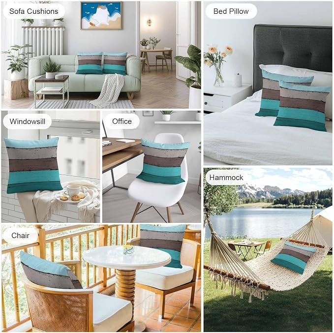 Outdoor Throw Pillow Covers 20X20 Set of 2 Waterproof Ombre Peacock Blue Gray Decorative Zippered Cushion Covers for Patio Furniture, Farmhouse Retro Rustic Barn Wood Texture Lumbar Pillowcases