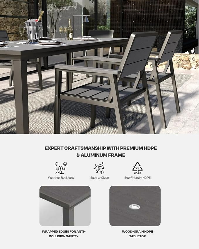 4 Person Outdoor Dining Set, Aluminum & HDPE Patio Table and Chairs with 2" Umbrella Hole, Weather-Resistant Outdoor Furniture for Backyard, Deck, Porch, Garden, Poolside (Grey)