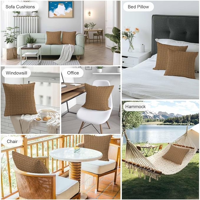Vintage Rattan Outdoor Pillow Covers 16x16 Inch Throw Pillow Covers Set of 2 Waterproof Decorative Pillow Cases Minimalist Abstract Wicker Texture Brown Cushion Covers for Patio Furniture Garden Couch