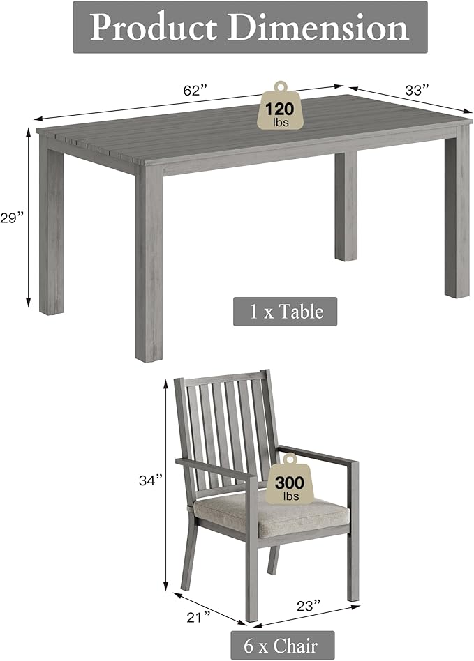 RoyalCraft Aluminum 7 Pieces Patio Dining Sets, Outdoor Dining Table with 6 Chairs, Outdoor Patio Dining Furniture Set with Removable Cushion for Lawn, Garden, Backyard, Gray